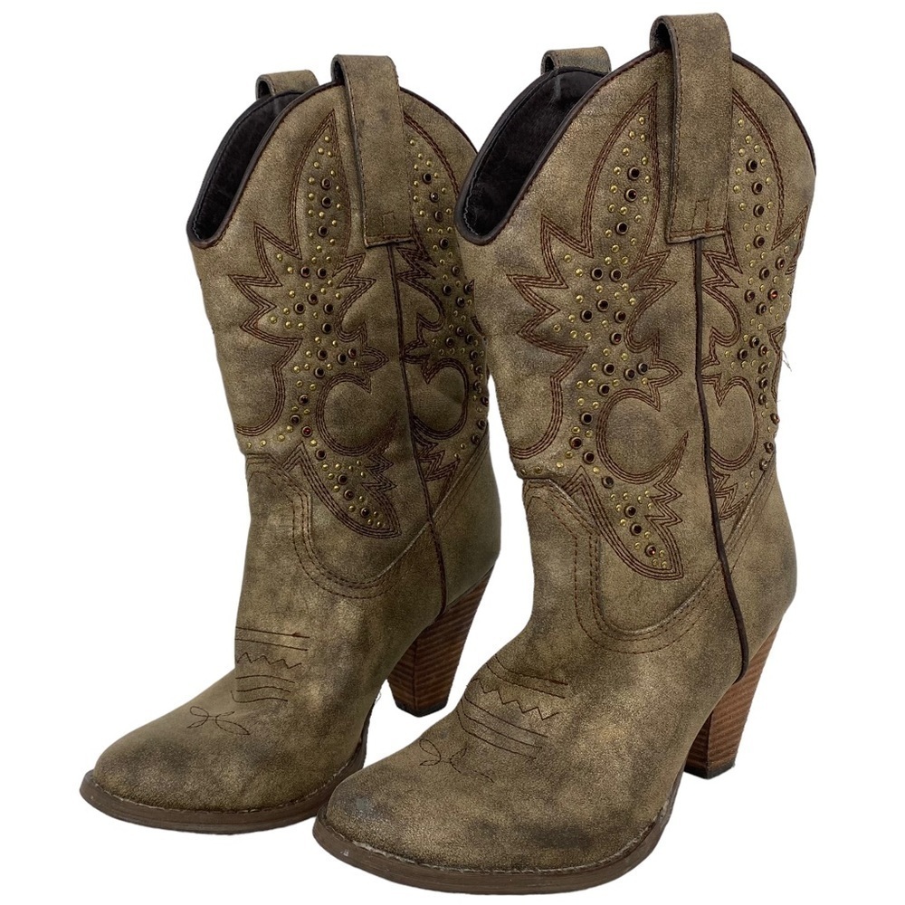 Very Volatile Cowgirl Western bronze with red rhinestone block heel boots, 7.5